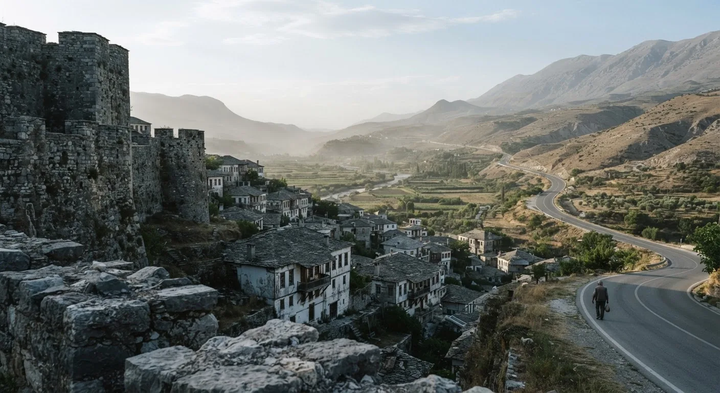 Strada e paesaggio a Elbasan, Albania